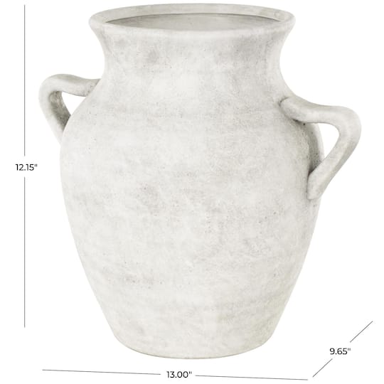 13" White Ceramic Antique Style Textured Vase with Black Shadings & Handles